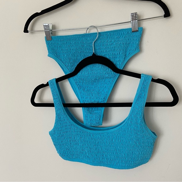 L Space Smocked Bikini Set Blue Aquarius Izzie Top Barlette Bikini Bottom Small - Picture 5 of 12